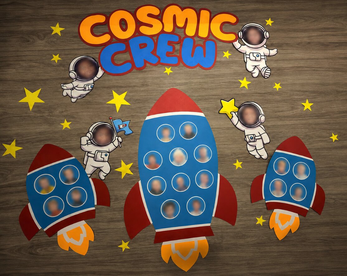 Space exploration rocket wall with children as astronauts