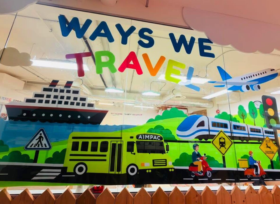 Ways We Travel transportation mural with planes, trains, and buses