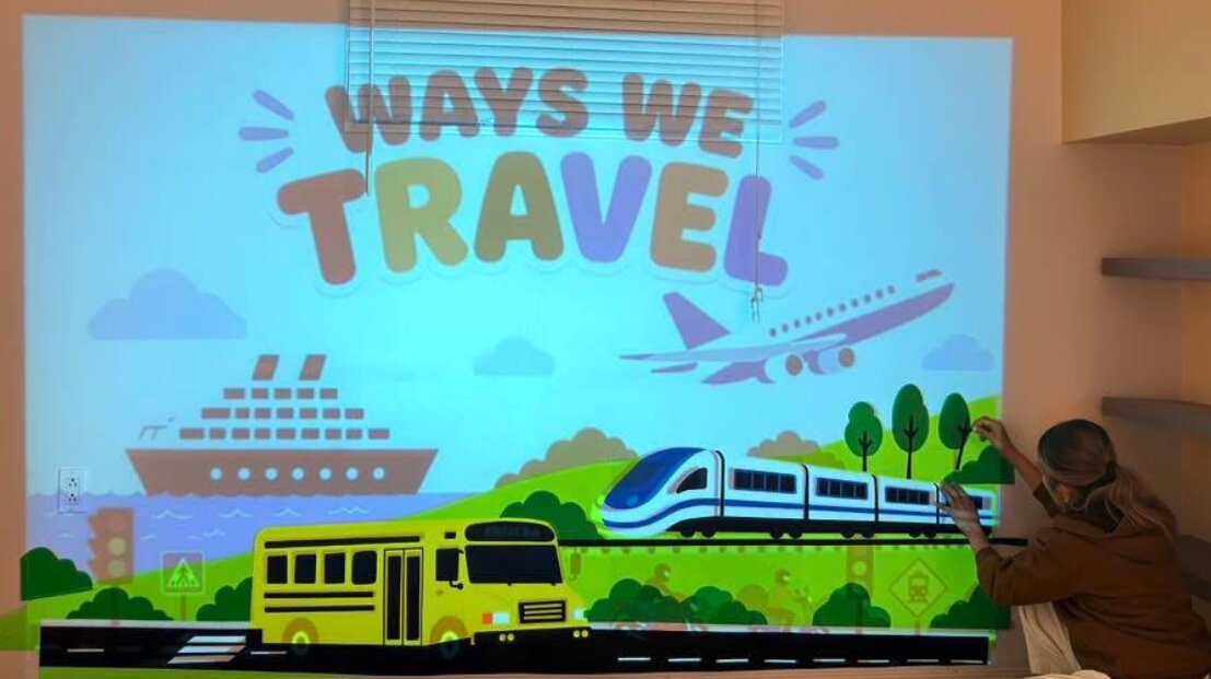Wide view of the transportation mural in the classroom