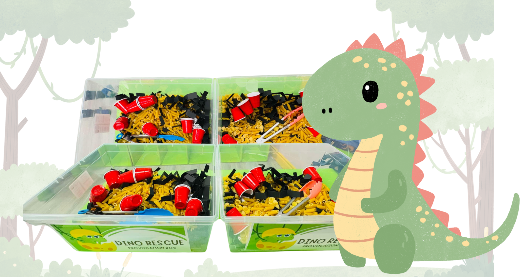 Dinosaur rescue sensory bins filled with dry pasta and foil-wrapped toy dinosaurs
